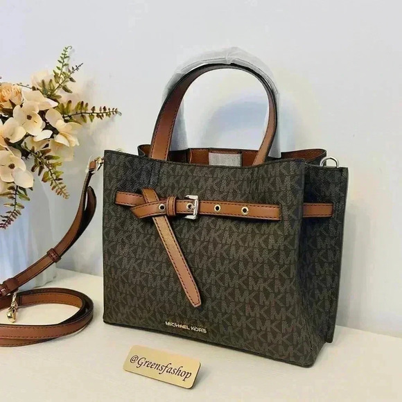 Michael Kors Emilia Small Satchel Crossbody Bag Brown MK Signature - Picture 2 of 10